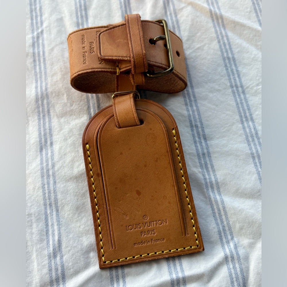 Vintage Louis Vuitton Luggage Tag Poignet Vachetta Leather Brass Gold Tan LV
